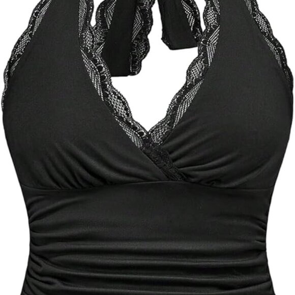 Makemechic Tops - Black Lace Wrap Front Halter Tank | XXL | Backless Party Top